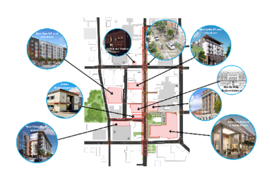 Map of downtown Concord with photo callouts of revitalization projects, including new mixed-use residential buildings and Cabarrus Tavern.