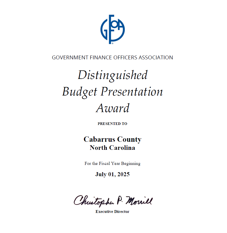 Government Finance Officers Association Distinguished Budget Presentation Award presented to Cabarrus County, North Carolina, for the fiscal year beginning July 1, 2025.