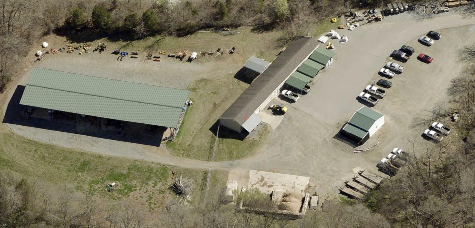 Aerial photograph of the IAM Grounds Maintenance building and its surrounding paved grounds at Frank Liske Park.