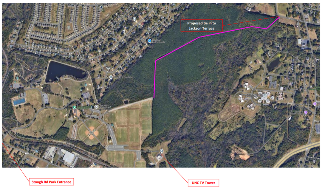 Aerial map showing the proposed second entrance and access road for Frank Liske Park.