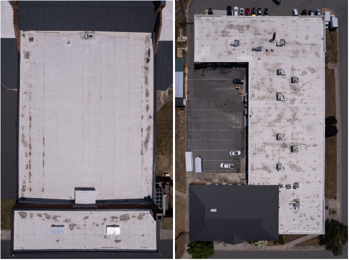Two photographs showing the deteriorated roof of the Kannapolis Performing Arts Center at A.L. Brown.