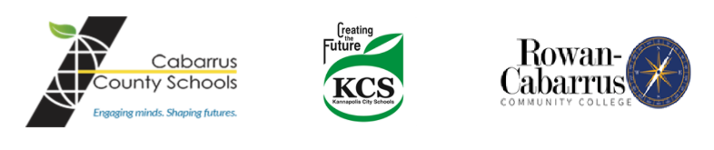 Logos of the county's three education partners: Cabarrus County Schools, Kannapolis City Schools, and Rowan-Cabarrus Community College.