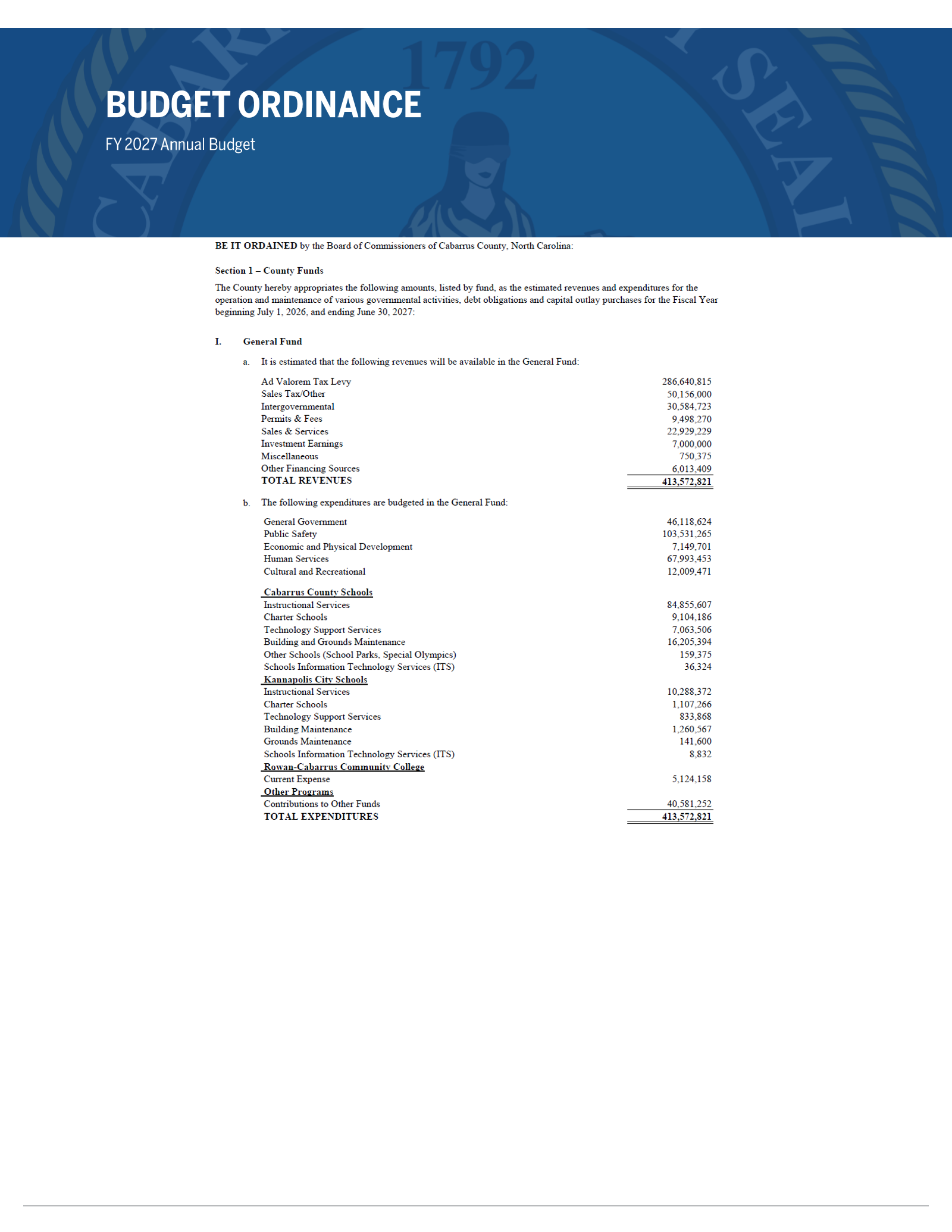 Budget ordinance appropriation schedules listing estimated revenues and budgeted expenditures for the Community Investment, Cabarrus Arena and Events Center, Opioid Settlement, Landfill, and 911 Emergency Telephone funds, each with its revenue sources, expenditure categories, and fund totals for FY 2027.